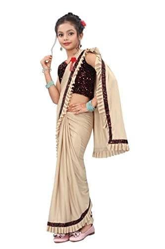 Dream Crushers Kids Ready to wear saree Girls Stylish Fashionable | Stitched saree with Sequinece Blouse Piece (XS) view 6