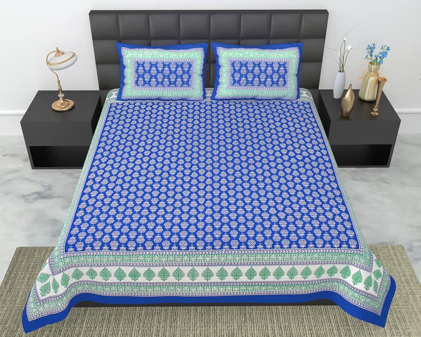 Lali Prints Blue White Floral Printed Cotton 130 TC Queen Bedsheet With 2 Pillow Covers view 2