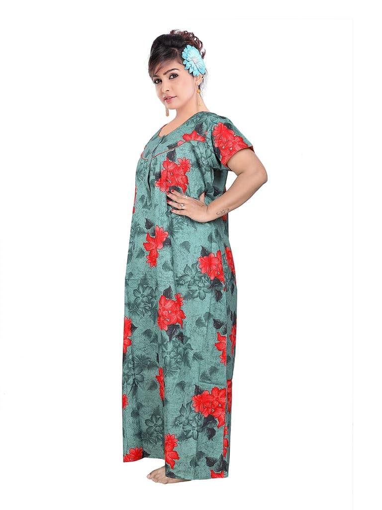 VALENCIA SLEEPWEAR Sleepwear Pure Cotton Printed Round Neck Nightgown Nighty with Pleades for Extra Comfort Green view 2