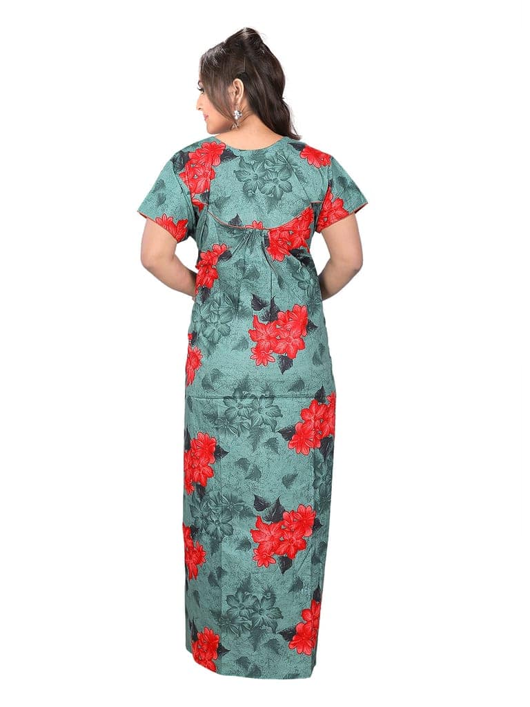 VALENCIA SLEEPWEAR Sleepwear Pure Cotton Printed Round Neck Nightgown Nighty with Pleades for Extra Comfort Green view 3