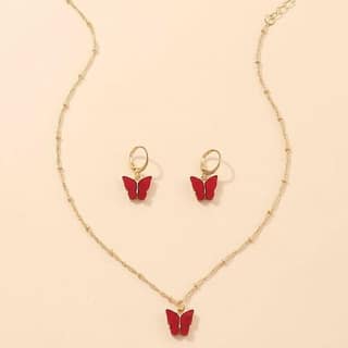 Pinapes Butterfly Hoop Earrings & Pendant Necklace Set – Acrylic Charm Jewelry for Women & Girls - Red