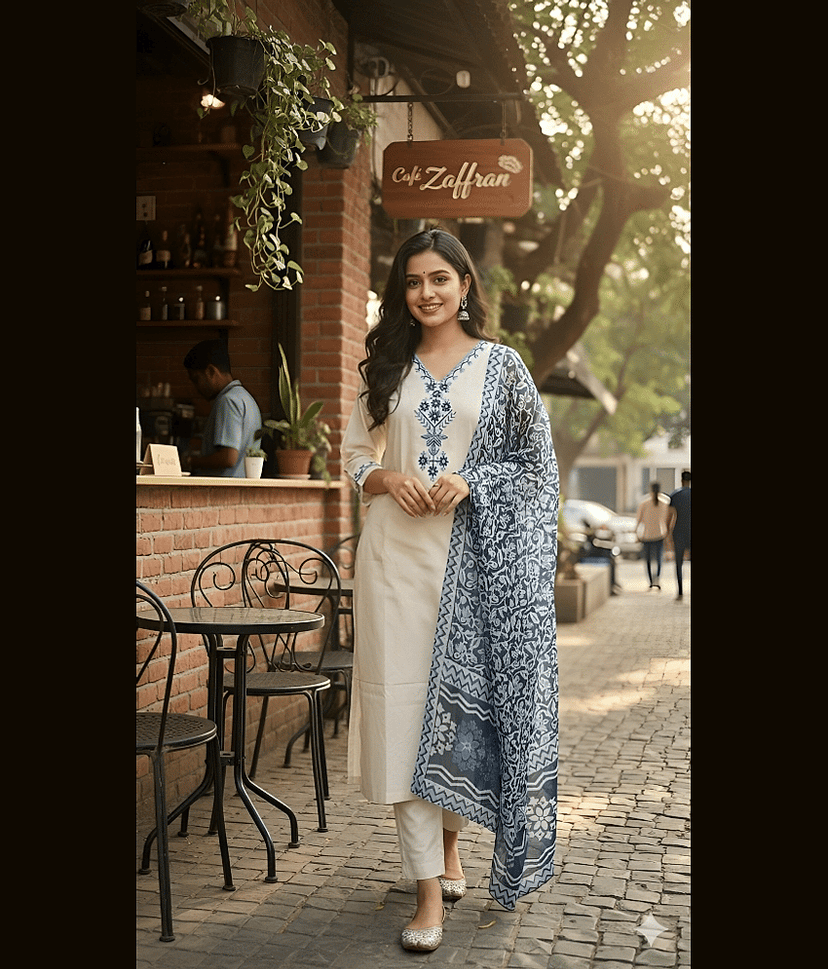 DSK STUDIO Women Cotton Embroidered Straight Kurti With Pants ( Off White )