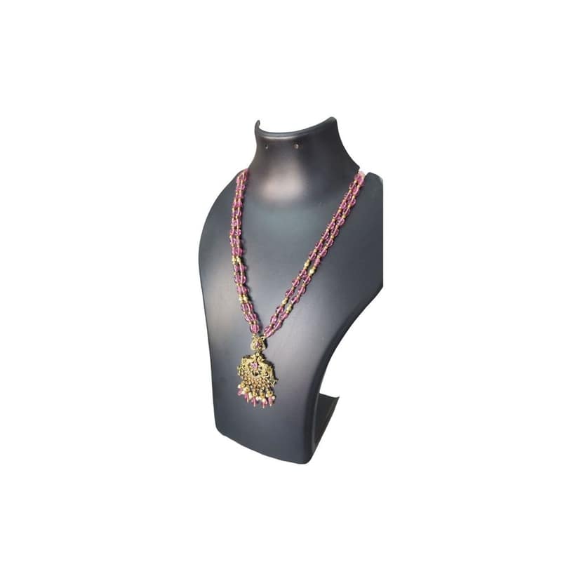 Delicate Pink Beaded Necklace with Antique Gold Pendant view 3