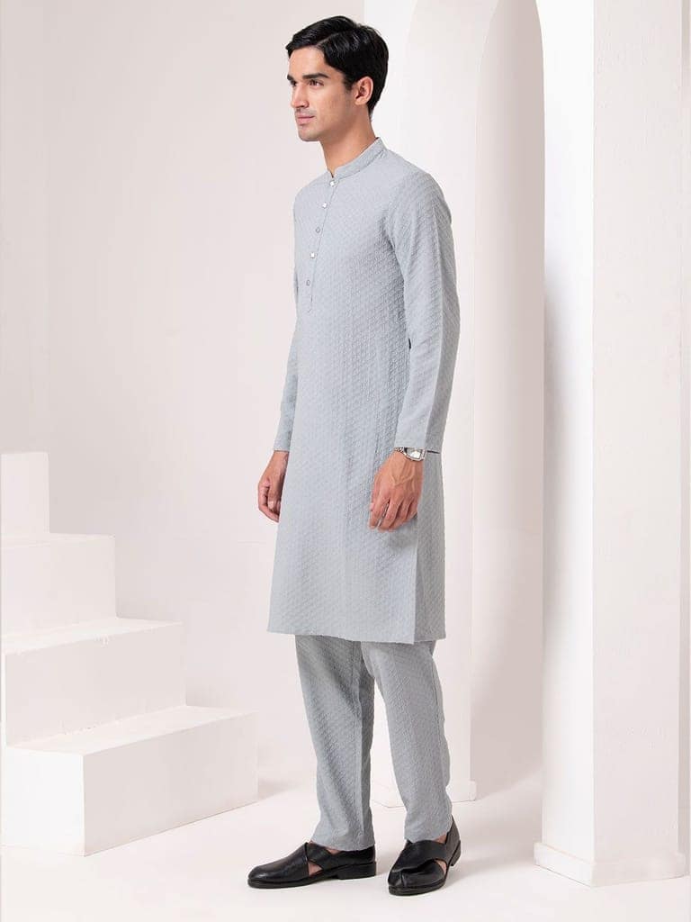Frost Grey Textured Kurta Set view 3