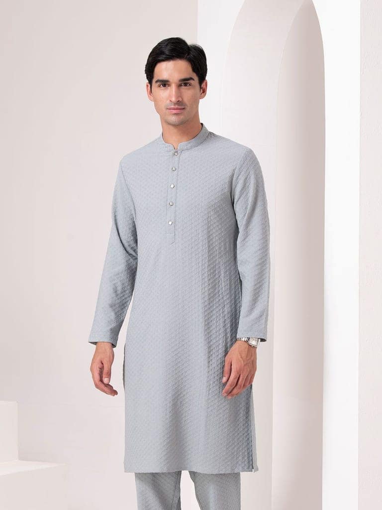 Frost Grey Textured Kurta Set view 4