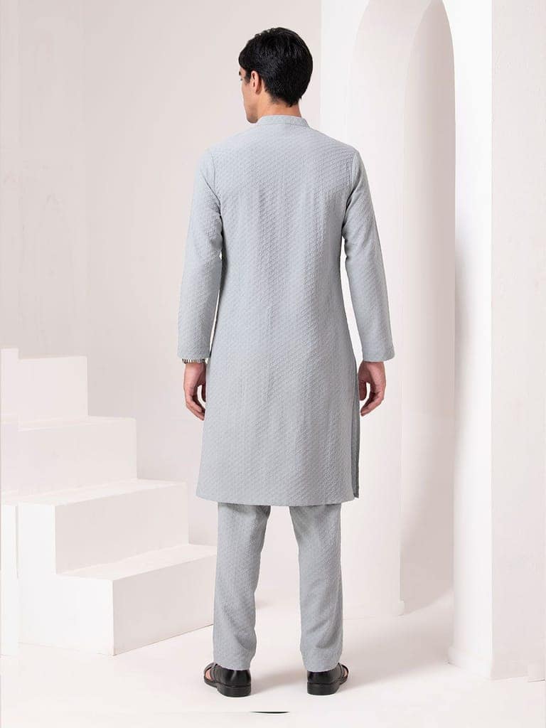 Frost Grey Textured Kurta Set view 5
