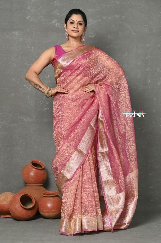 Tyohaar ~ Exclusive! Banarasi Handloom Crushed - Pure Tissue Silk Saree ~ Soft Pink ( Silk Mark Certified)
