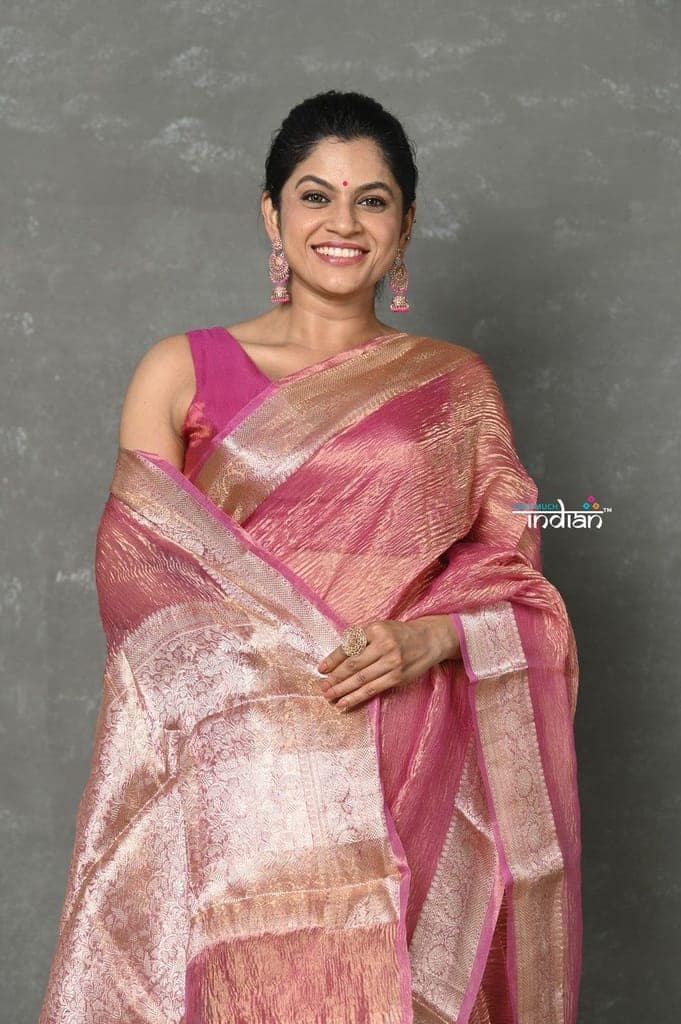 Tyohaar ~ Exclusive! Banarasi Handloom Crushed - Pure Tissue Silk Saree ~ Soft Pink ( Silk Mark Certified) view 4