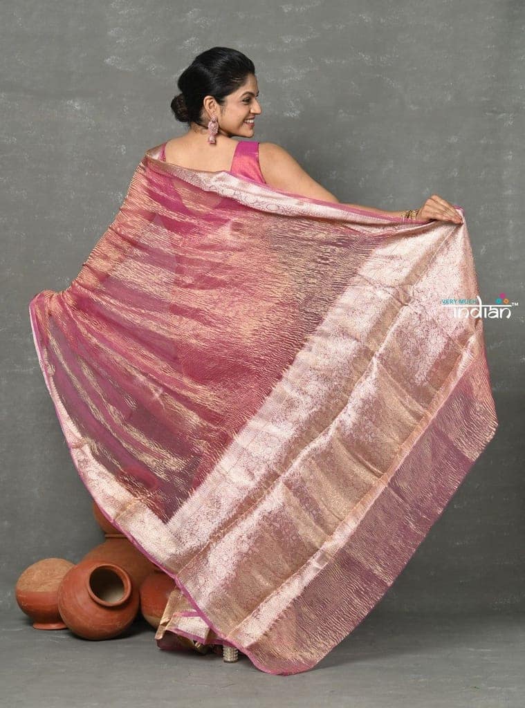 Tyohaar ~ Exclusive! Banarasi Handloom Crushed - Pure Tissue Silk Saree ~ Soft Pink ( Silk Mark Certified) view 5