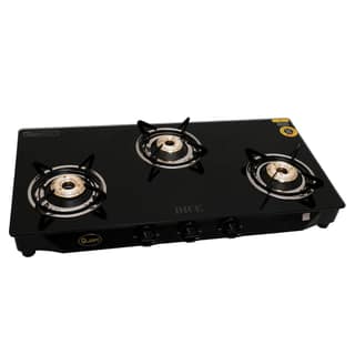 Dice B3 3 Burner Gas Stove – Black Glass Top, Brass Burners, ISI Certified, MS Channel Support, Manual Ignition, 2-Year Warranty
