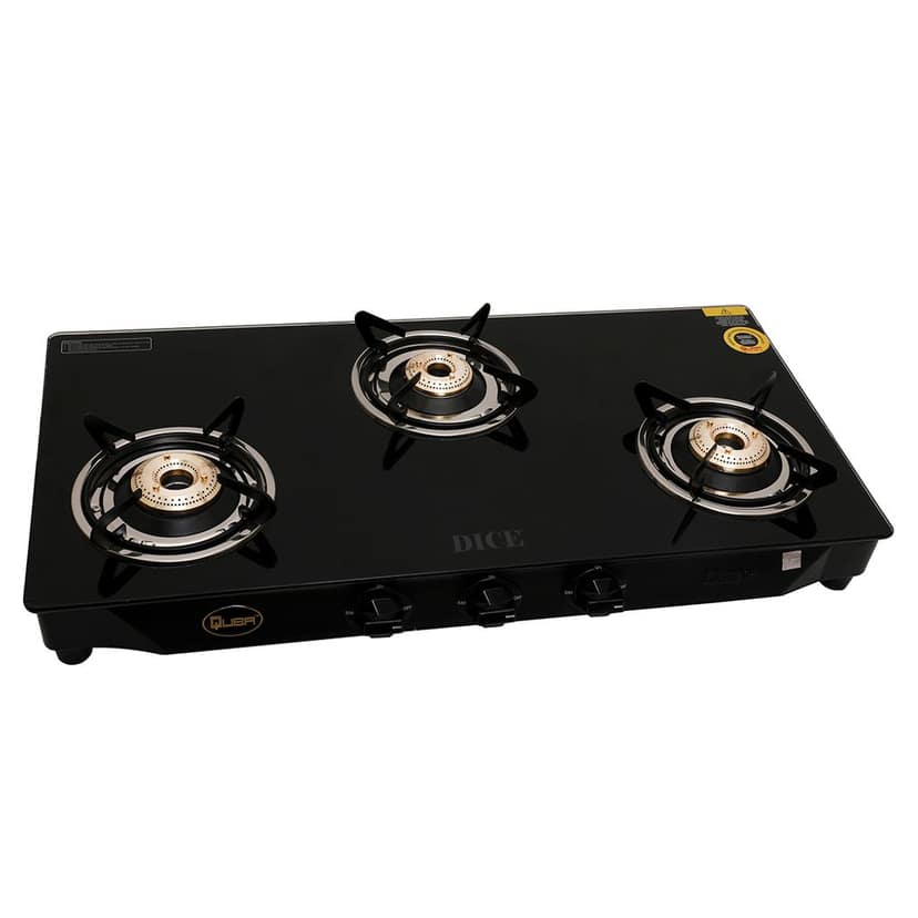 Dice B3 3 Burner Gas Stove – Black Glass Top, Brass Burners, ISI Certified, MS Channel Support, Manual Ignition, 2-Year Warranty