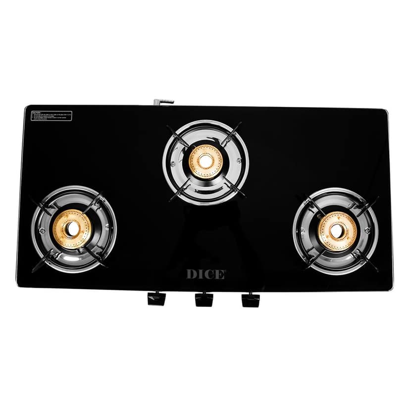 Dice B3 3 Burner Gas Stove – Black Glass Top, Brass Burners, ISI Certified, MS Channel Support, Manual Ignition, 2-Year Warranty view 2
