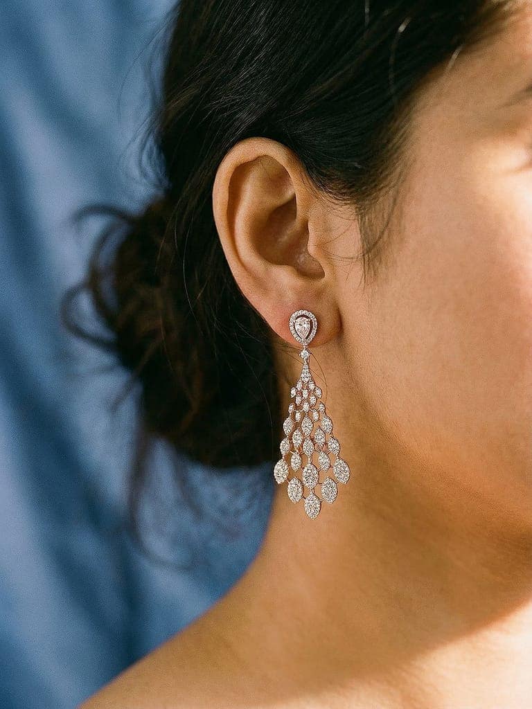 Rose Gold Plated AD Zircon Studded Delicate Dropdown Chandelier Earrings view 2