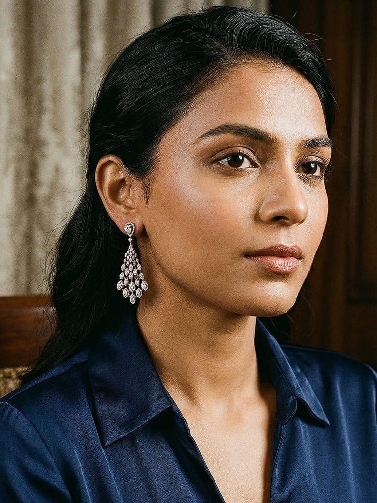 Rose Gold Plated AD Zircon Studded Delicate Dropdown Chandelier Earrings view 3