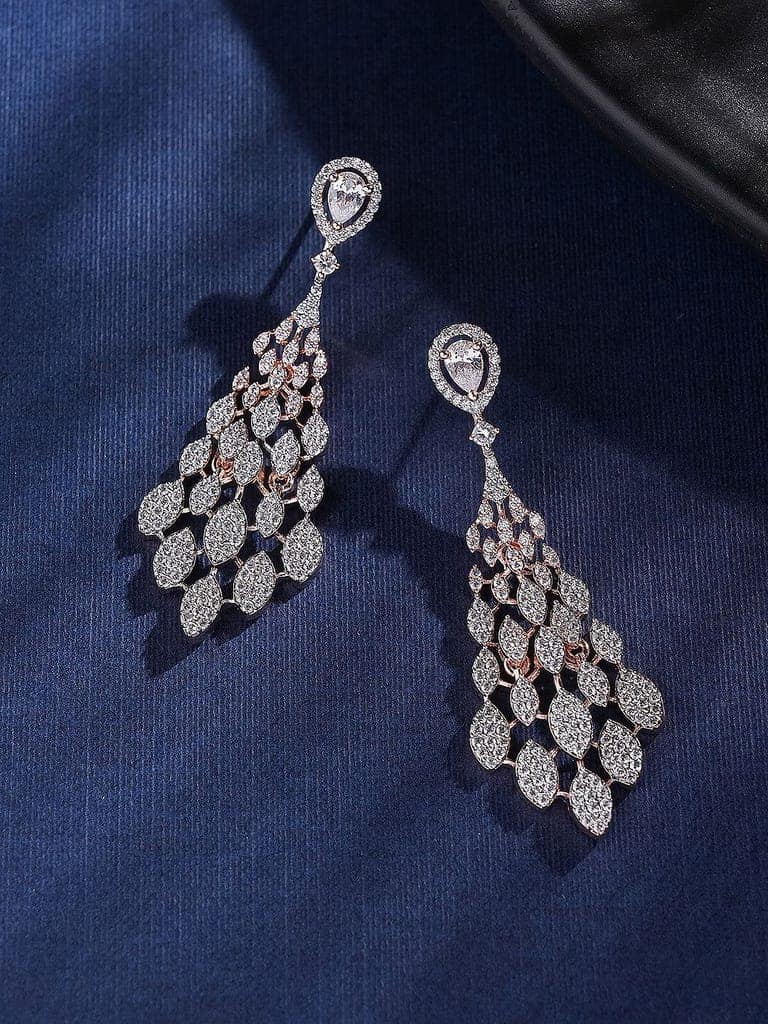 Rose Gold Plated AD Zircon Studded Delicate Dropdown Chandelier Earrings view 5