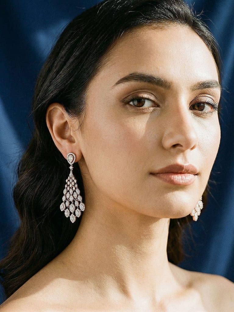 Rose Gold Plated AD Zircon Studded Delicate Dropdown Chandelier Earrings view 6
