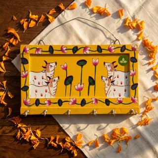 Hand Painted Four Cow Pichwai Art Wooden Yellow Color Key Holder