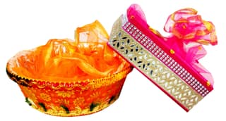 Omkar by R3 Inc. Handmade Multicolor Fancy Gift Hamper Basket Net Covering for Wedding and Festival Gift Purpose - (Pack of 2 / Large) Square & Round Basket