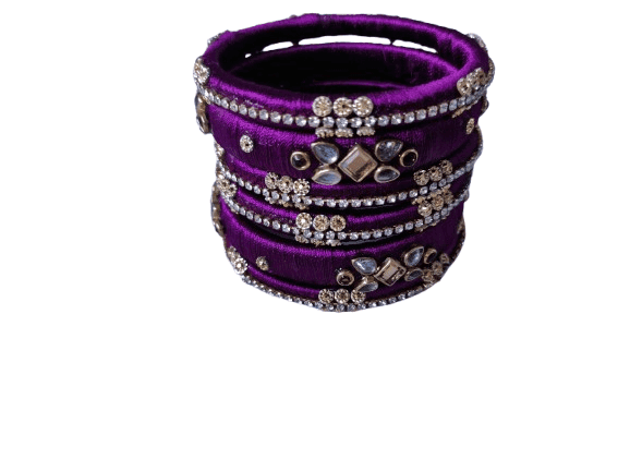 Set of 6 Purple Silk Thread Bangles with Stone and Pearl Embellishment