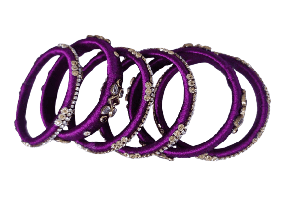 Set of 6 Purple Silk Thread Bangles with Stone and Pearl Embellishment view 3