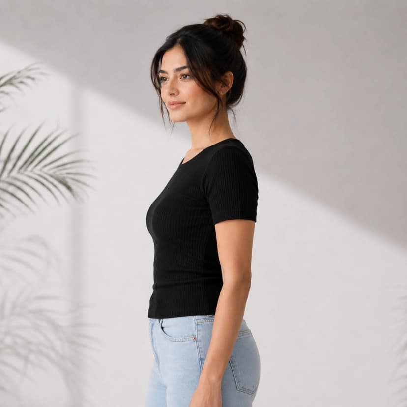 Elegant Bamboo Rib fabric Half Sleeves Top For Women | Black view 2