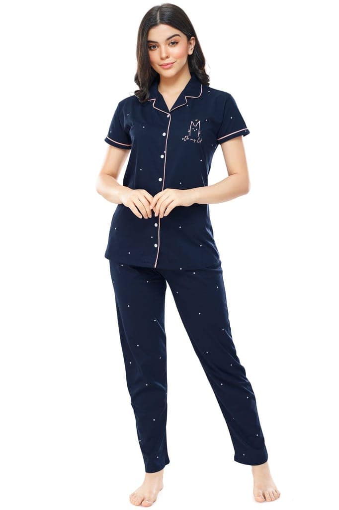 ZEYO Women's Cotton Navy Blue Dot Printed Stylish Night suit set view 5