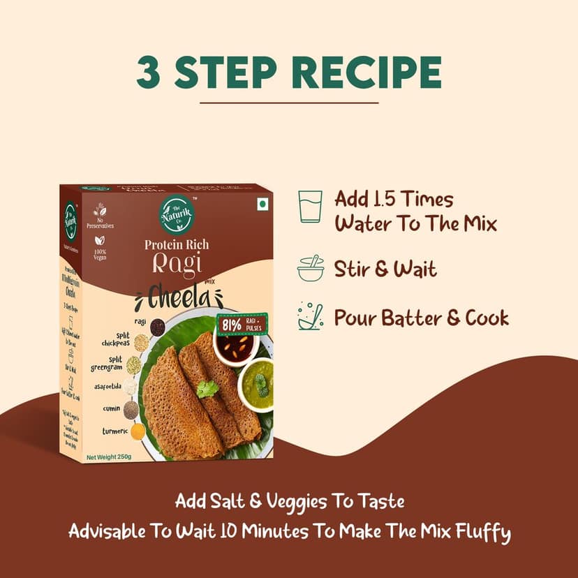 The Naturik Co Ragi Cheela Mix, 250g, Ready to Cook Chilla/Dosa for Healthy Breakfast, 81% Ragi and Pulses, 20% Protein, Anytime Snack for Kids and Family view 4
