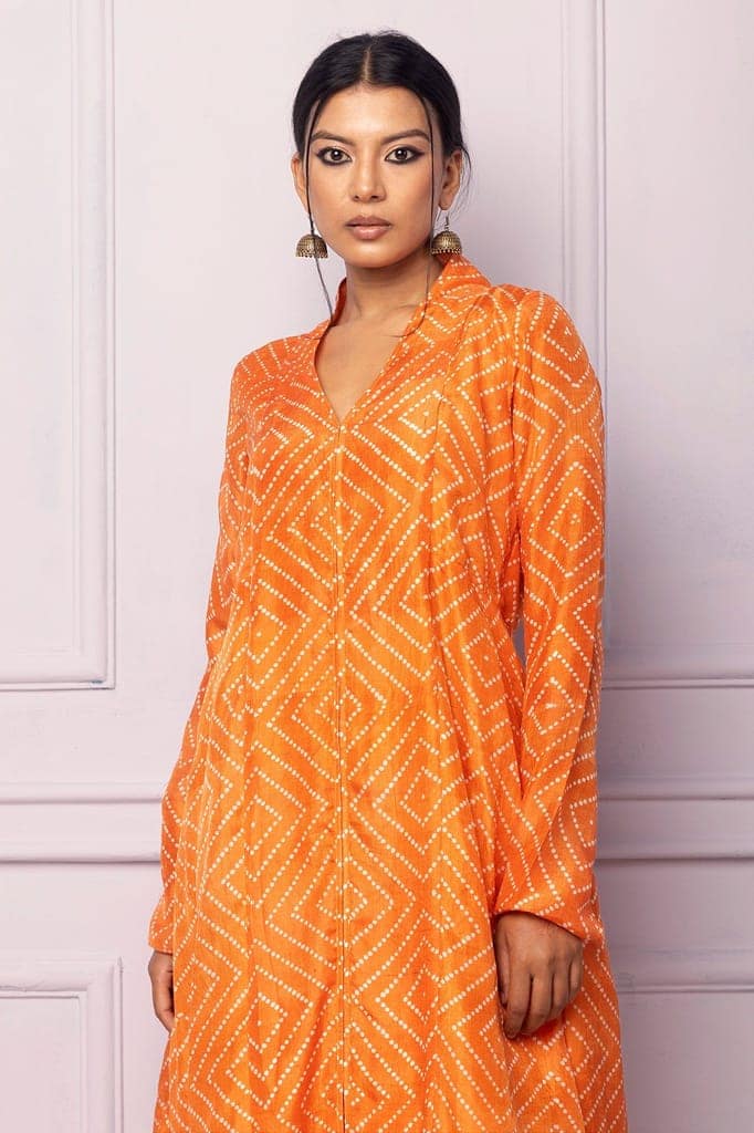 Orange Printed Silk A Line Kurti view 2