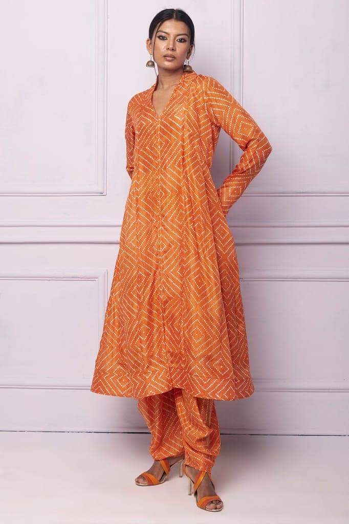 Orange Printed Silk A Line Kurti view 3