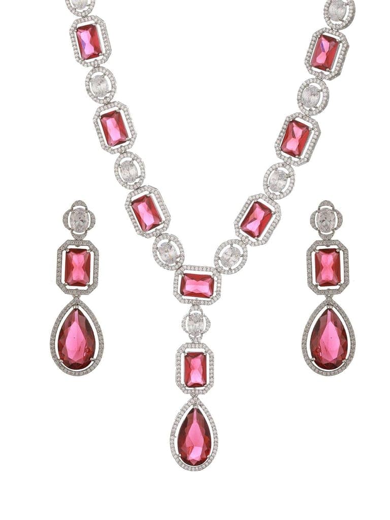 Silver Plated Red Ruby AD Studded Luxe Statement Designer Pendant Jewellery Set view 4