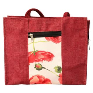 Handcrafted Jute Handbag/Red Jute Lunch Bag/Multipurpose Bag/Jute Bag/Floral Printed HandBag, (NULM-Tirupati-13)