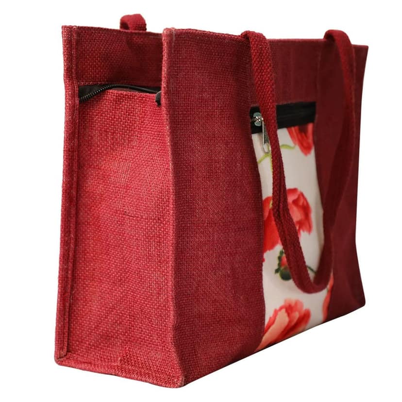 Handcrafted Jute Handbag/Red Jute Lunch Bag/Multipurpose Bag/Jute Bag/Floral Printed HandBag, (NULM-Tirupati-13) view 2