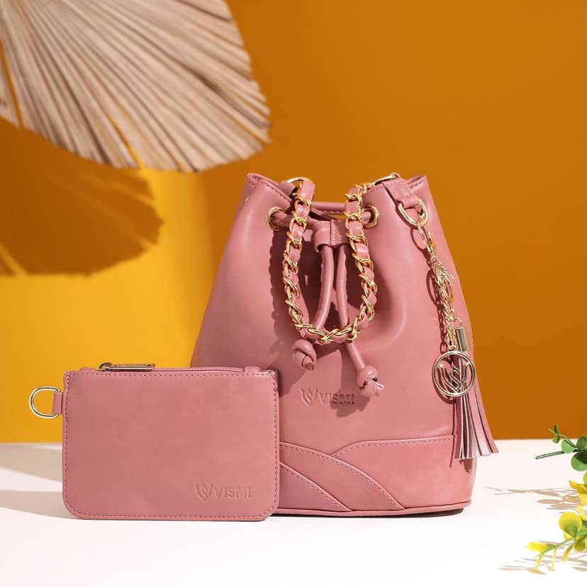 VISMIINTREND Stylish Bucket Bag for Women, Girls | Crossbody Detachable Strap Drawstring Closure Handbag | Pu Vegan Leather Handbag with Wallet & Purse