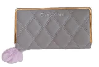 Clsso Klare Grey Quilted Wallet - Elegant Clutch with Gold Clasp & Pom-Pom