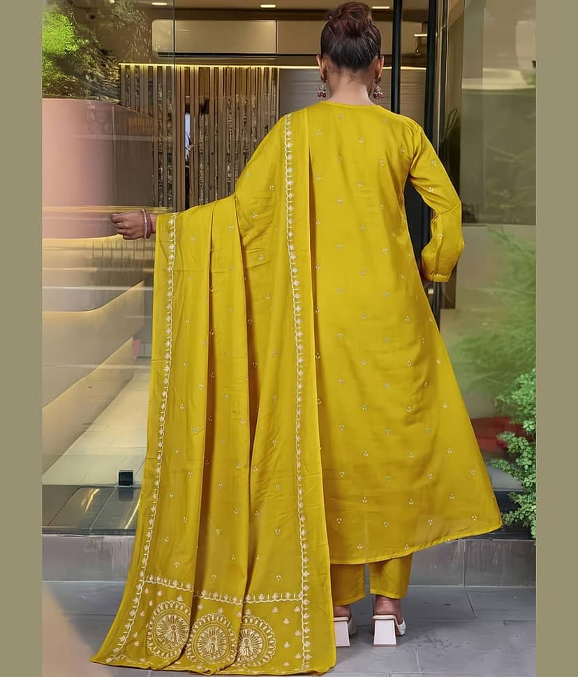 anushansa Women Viscose Embroidered Flared Kurti With Pants ( Yellow ) view 2
