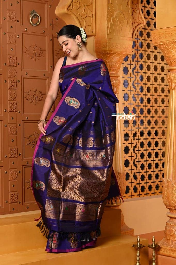 Shubh ~ Gadwal Pure Silk Handloom Saree in Royal Blue view 2
