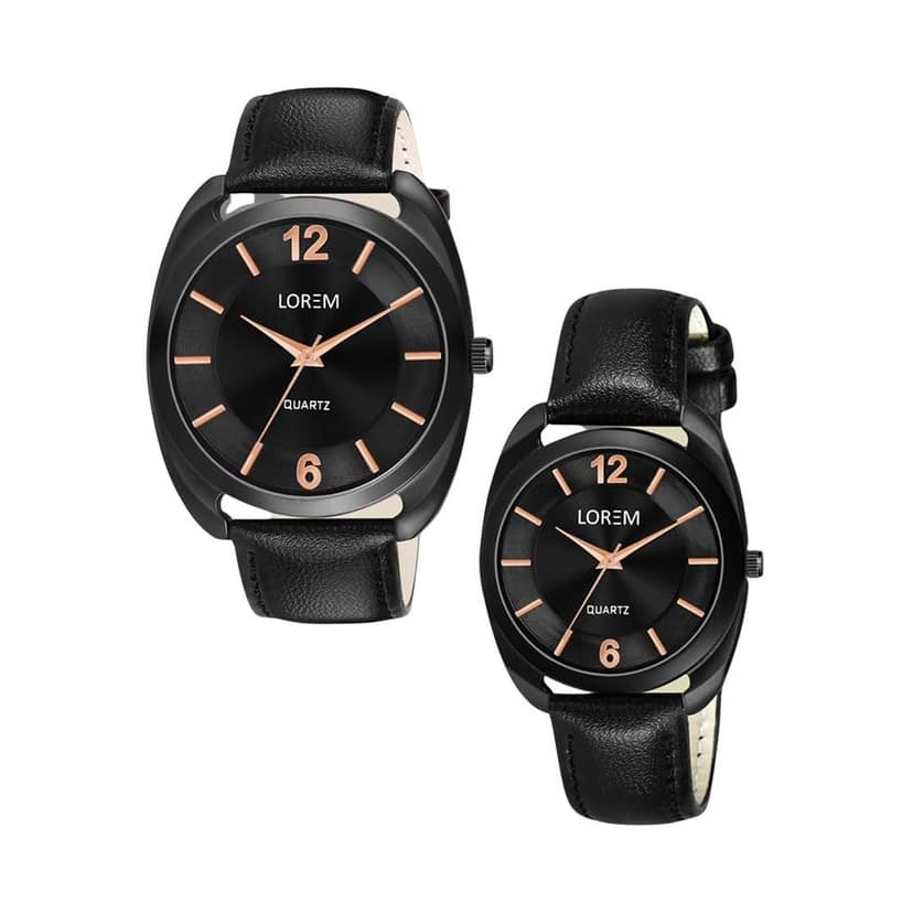 LOREM Couple Watches with Dial, Quartz Movement, Black Faux Leather Strap