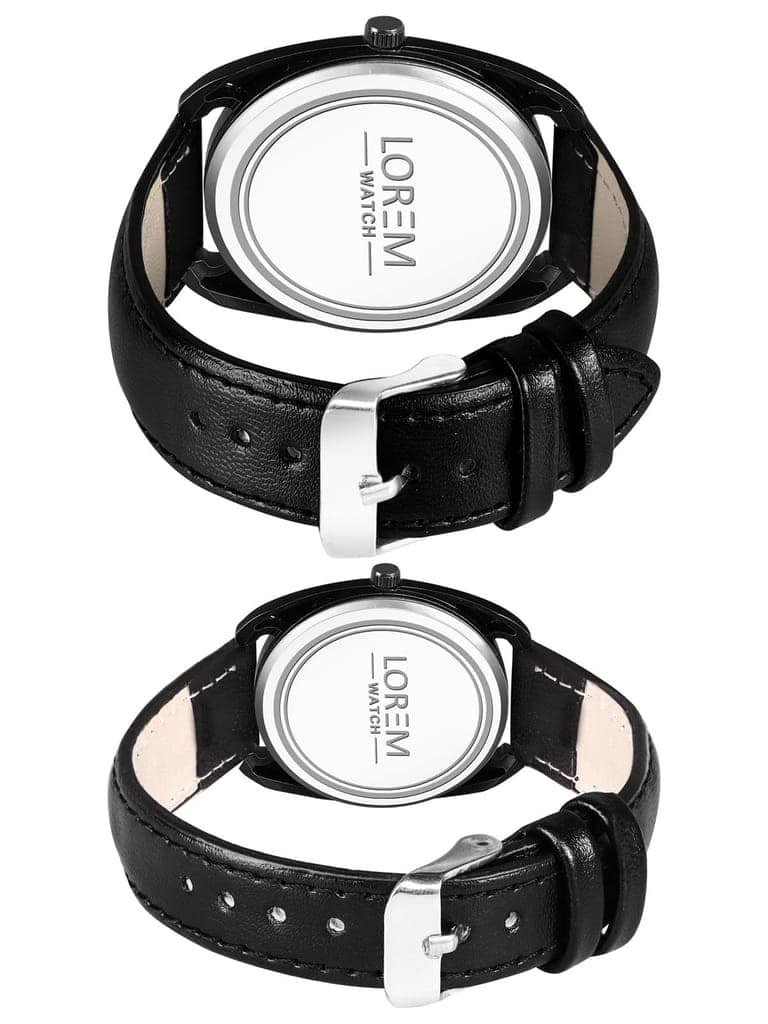 LOREM Couple Watches with Dial, Quartz Movement, Black Faux Leather Strap view 2