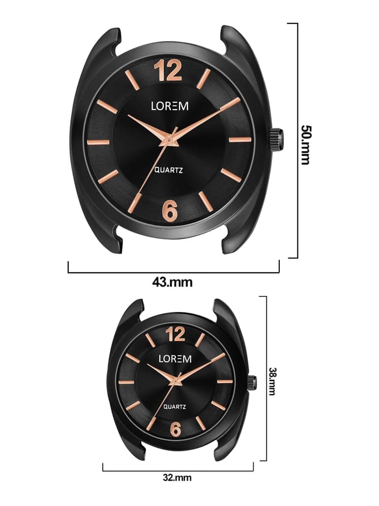 LOREM Couple Watches with Dial, Quartz Movement, Black Faux Leather Strap view 4