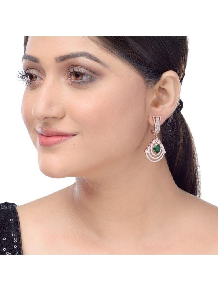 Exquisite diamond and emerald danglers, rose gold plated view 2