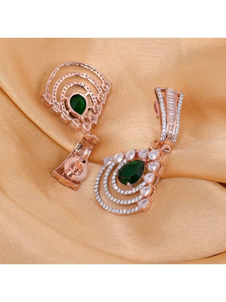 Exquisite diamond and emerald danglers, rose gold plated view 3