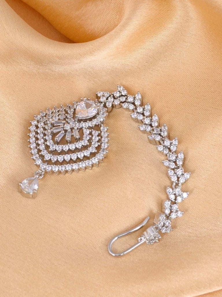 Beautiful Diamond shaped Maang Tikka AD studded Silver plated for Women & Girls view 3