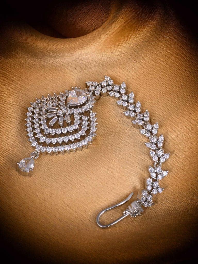 Beautiful Diamond shaped Maang Tikka AD studded Silver plated for Women & Girls view 5