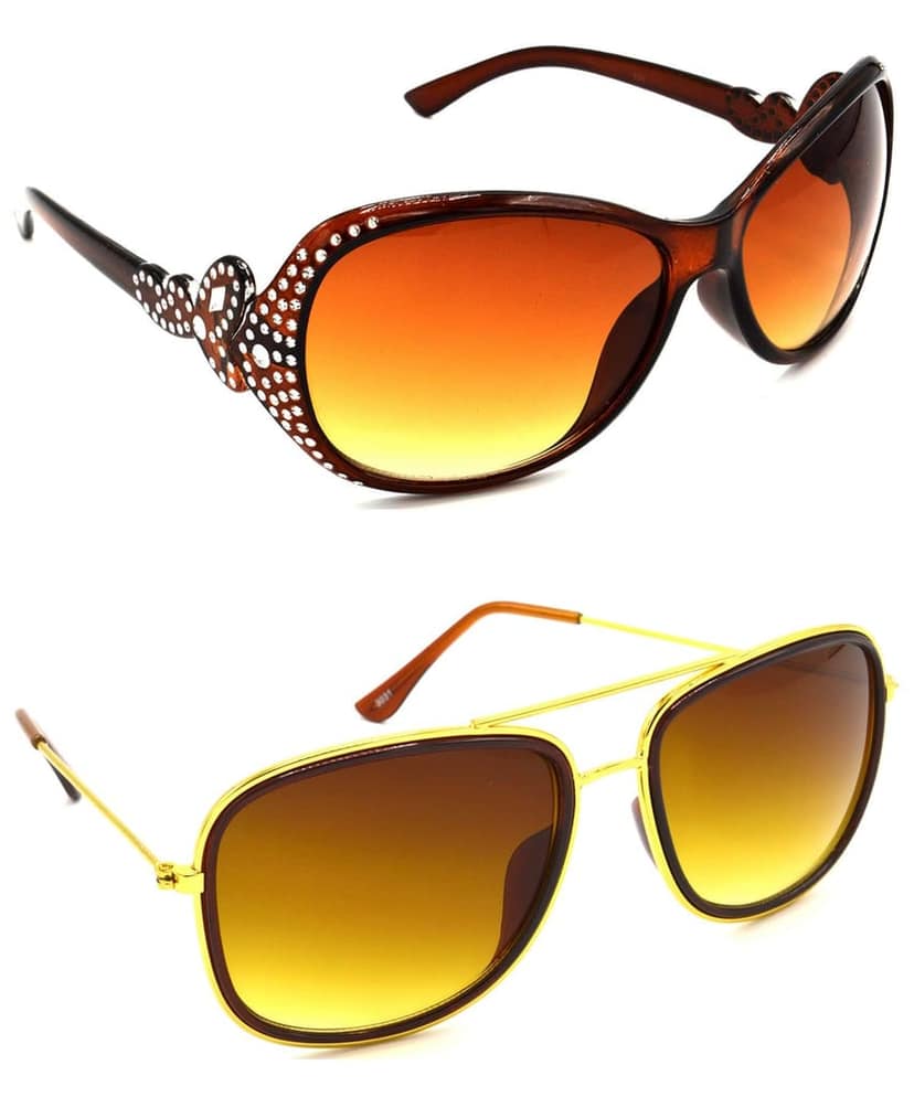 Hrinkar Unisex Round Sunglasses Silver & Golden Frame, Brown Lens (Medium) - Pack of 2