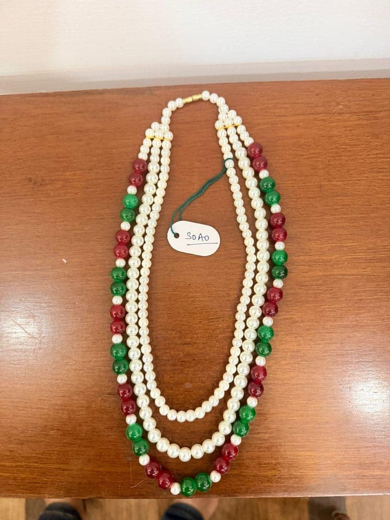 three-layer tricolor red,green and white moti pearl necklace view 3