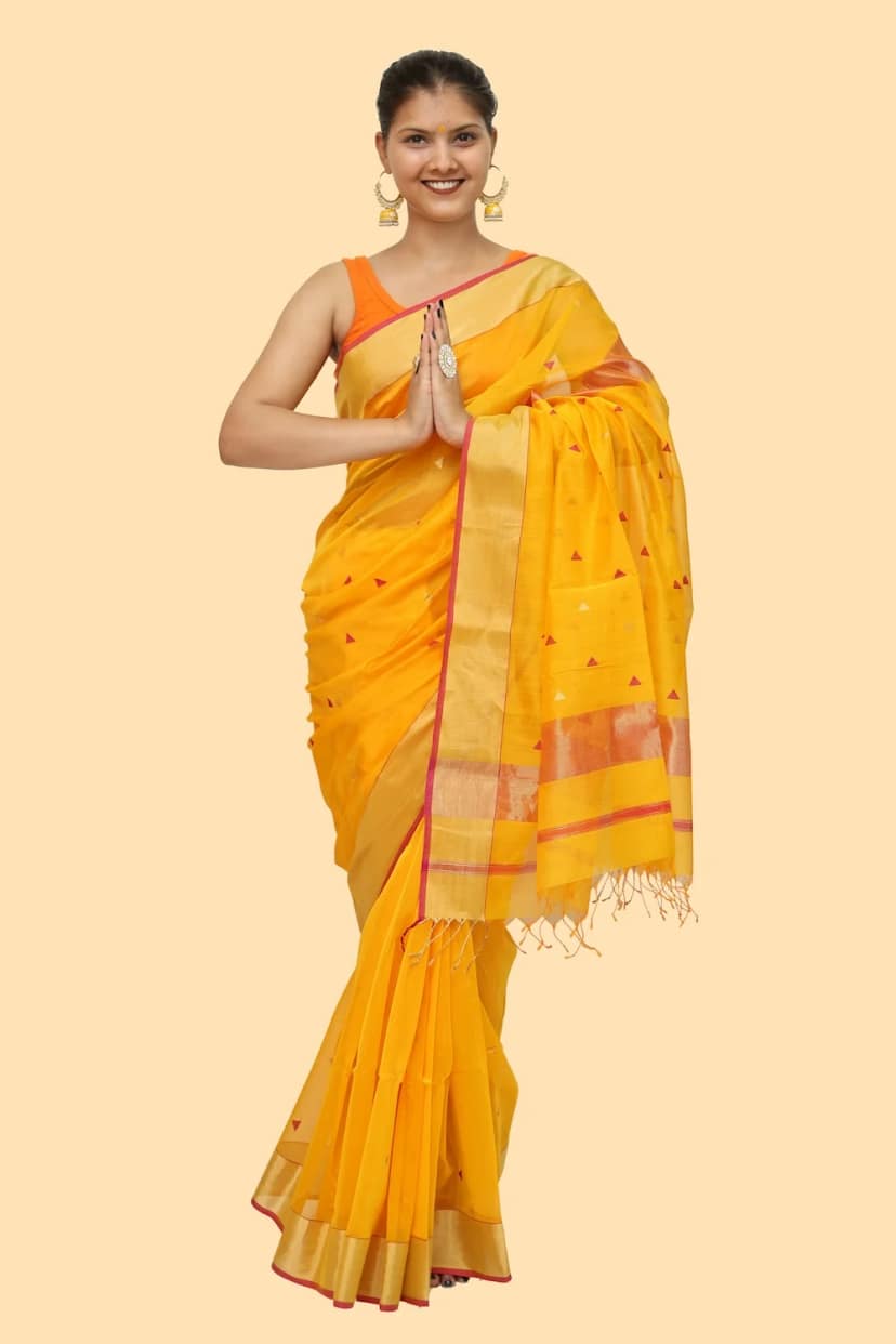 Beautiful Yellow Pink Zari Borcade handloom Saree with Tassels view 3