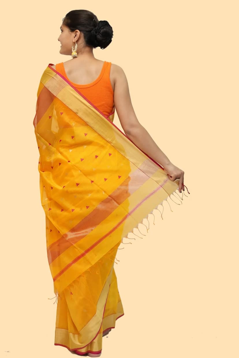 Beautiful Yellow Pink Zari Borcade handloom Saree with Tassels view 4