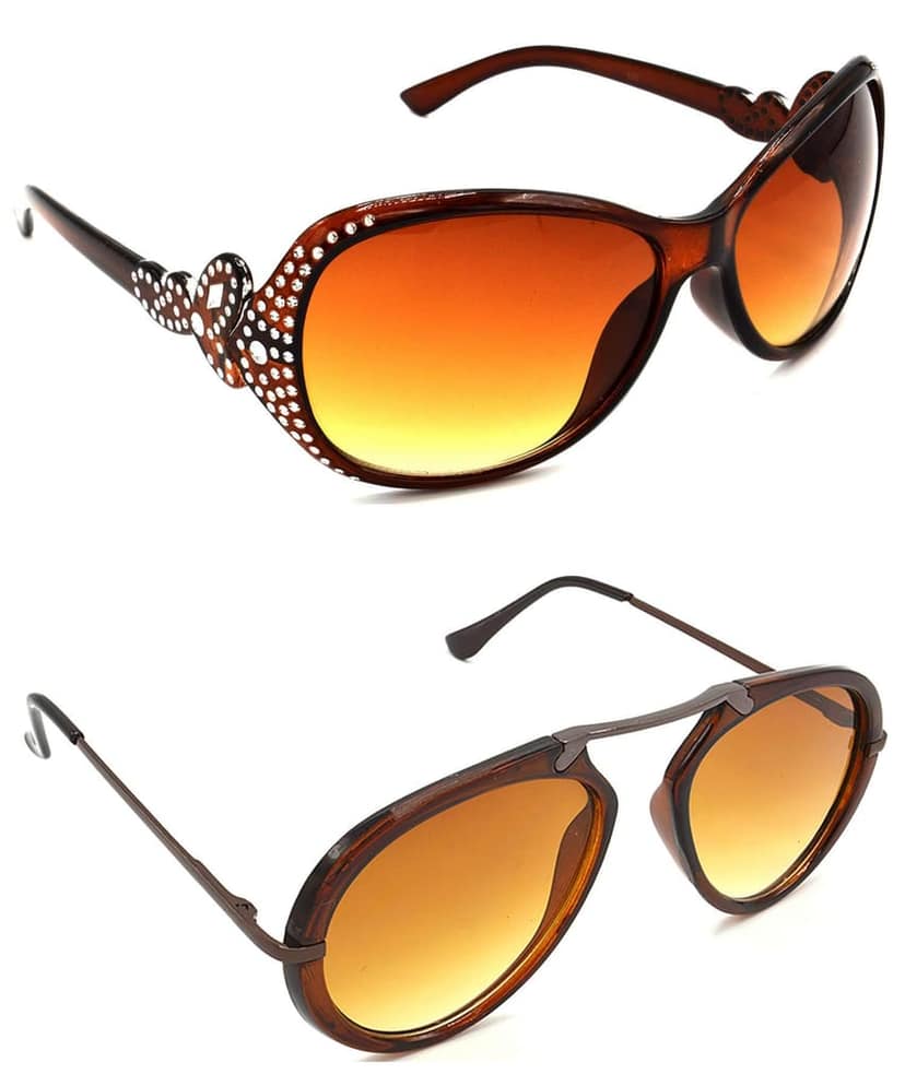 Hrinkar Unisex Round Sunglasses Silver & Brown Frame, Brown & Clear Lens (Medium) - Pack of 2