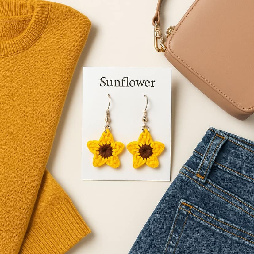 Handmade Crochet Sunflower Earrings - Star Shaped, Yellow & Brown view 3