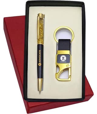 UJJi Advocate Logo Engraved Golden Gel Filled Brass Body Ball Pen & Hook Keychain